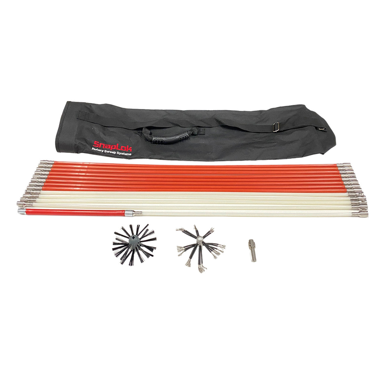 Chimney cleaning brush kit with flexible rods, two brush heads, a drill adapter, and a carrying bag.